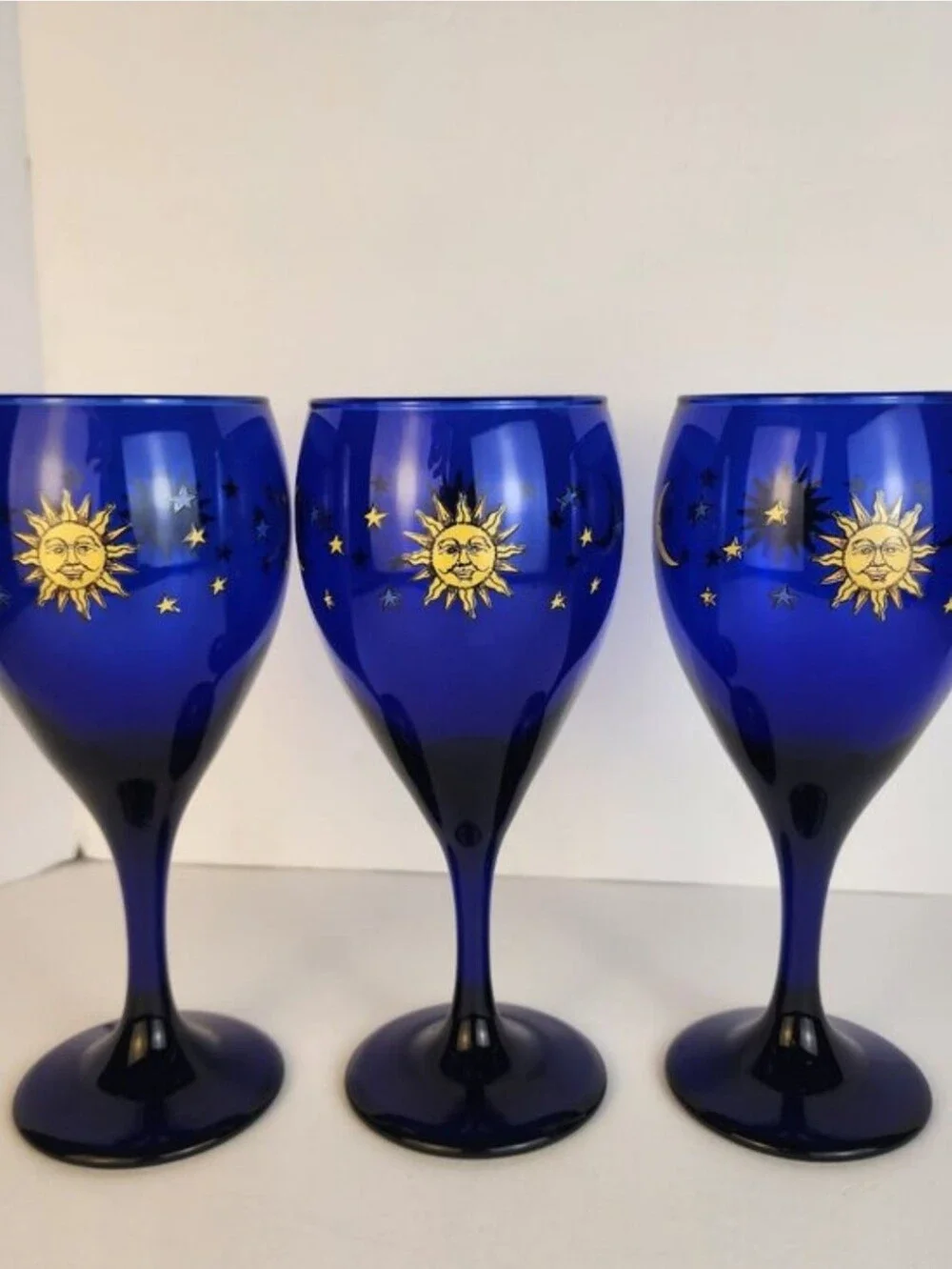 Libbey Cobalt Blue Wine Glasses with Gold Sun and Star Motif